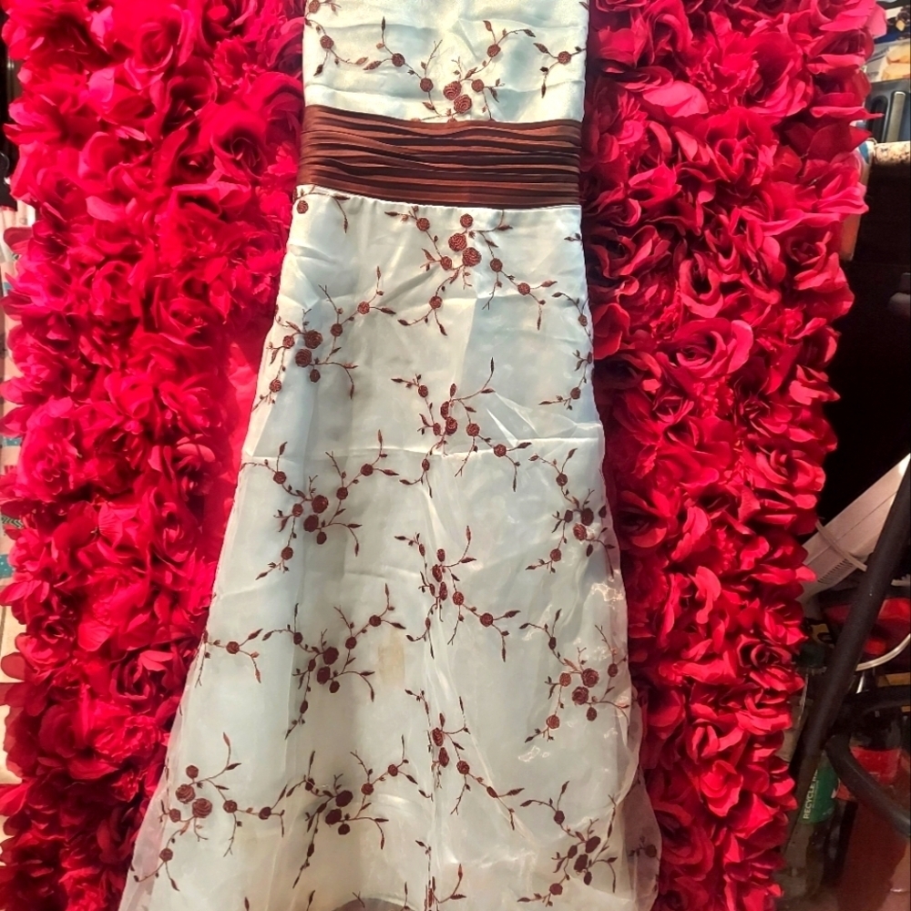 Bonnie Jean Girls Size 12 Formal Dress Brown/Light Blue Dress with Floral Design